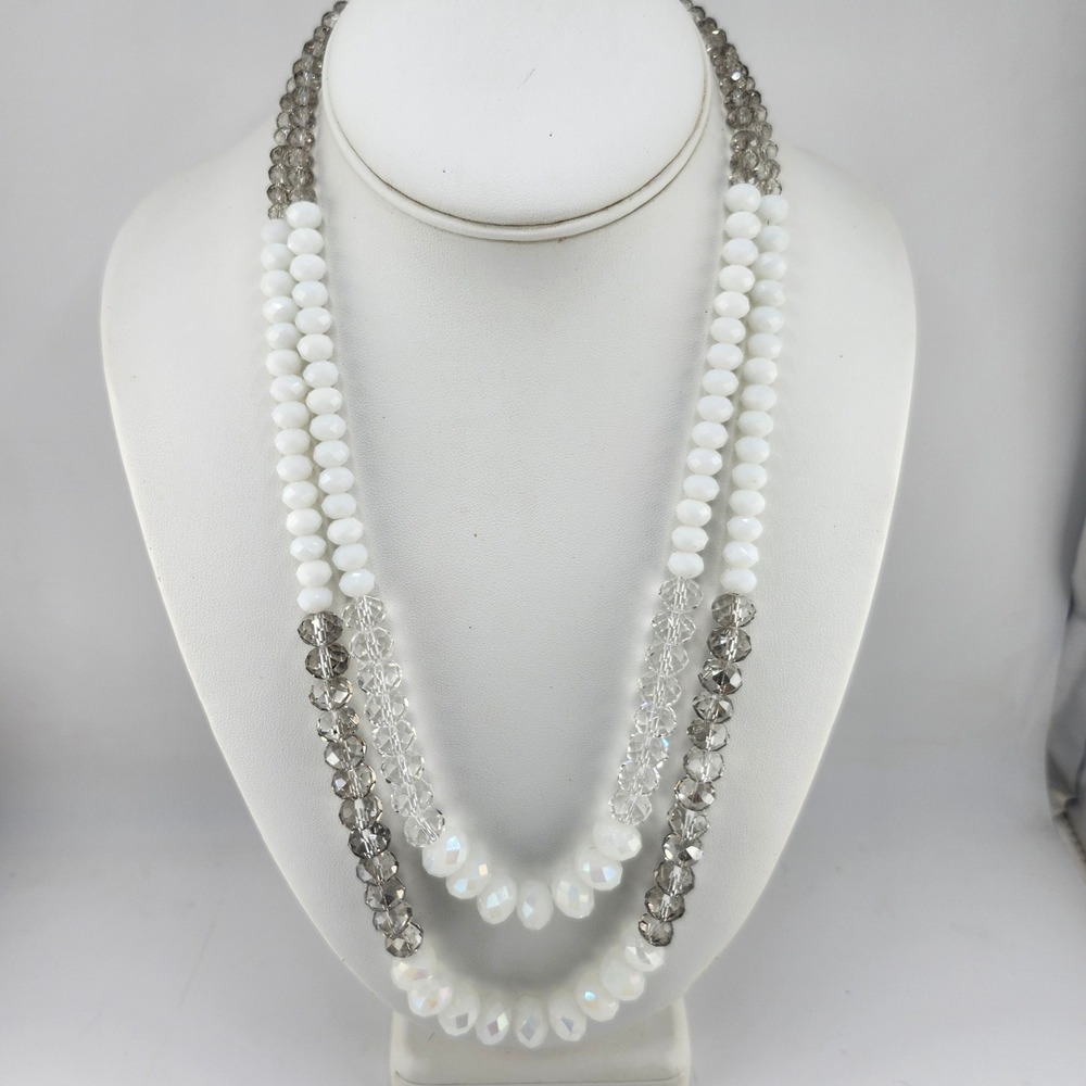 Ali Khan Double Strand Faceted Crystal Beads Necklace White Gray Sparkleโ